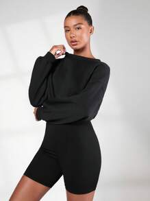 SHEIN BASICS Sport Cozy Fleece Solid Drop Shoulder Crop Sweatshirt,Long Sleeve Tops In Fall/Winter - Black - View 5