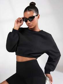 SHEIN BASICS Sport Cozy Fleece Solid Drop Shoulder Crop Sweatshirt,Long Sleeve Tops In Fall/Winter - Black - View 4