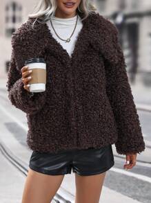SHEIN LUNE Solid Open Front Fuzzy Coat Fall Cloth For Women - Chocolate Brown - View 1