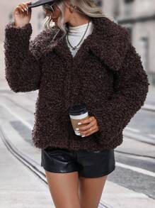 SHEIN LUNE Solid Open Front Fuzzy Coat Fall Cloth For Women - Chocolate Brown - View 6