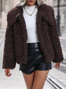 SHEIN LUNE Solid Open Front Fuzzy Coat Fall Cloth For Women - Chocolate Brown - View 7