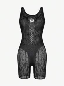 Mesh Rhinestone Cut Out Romper Romper Lingerie Without Liner - Black - View 3