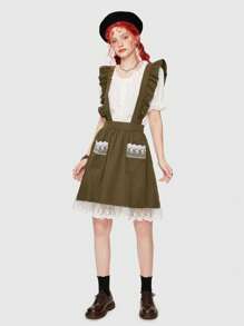 ROMWE Fairycore Ruffle Trim Patch Pocket Overall Skirt - Army Green - View 1