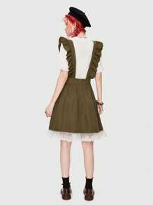 ROMWE Fairycore Ruffle Trim Patch Pocket Overall Skirt - Army Green - View 2