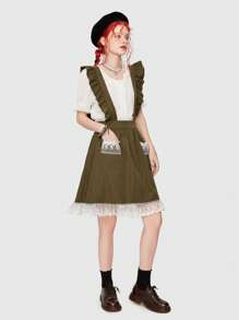 ROMWE Fairycore Ruffle Trim Patch Pocket Overall Skirt - Army Green - View 4