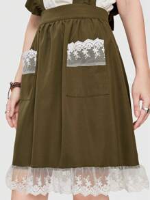 ROMWE Fairycore Ruffle Trim Patch Pocket Overall Skirt - Army Green - View 5