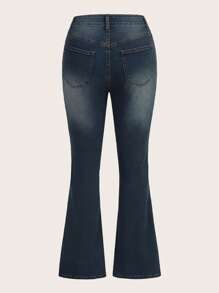 ROMWE Fairycore Jeans de pierna amplia con bordado floral - Azul lavado oscuro - Ver 2