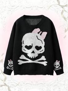 ROMWE Kawaii 骷髏圖案落肩袖套頭毛衣 - 黑色 - 查看 1