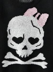 ROMWE Kawaii 骷髏圖案落肩袖套頭毛衣 - 黑色 - 查看 4