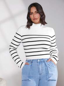 SHEIN BASICS 大碼條紋圖案小高領短款毛衣 - 白色 - 查看 3