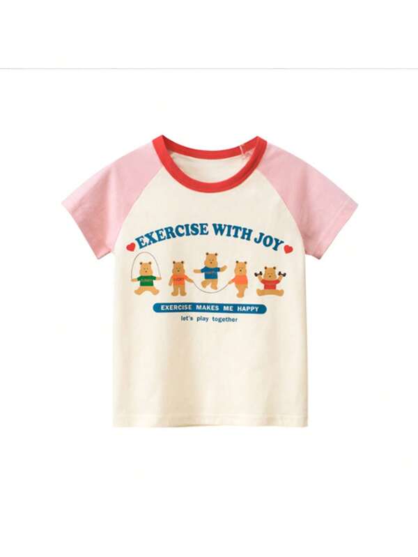 Kleines Mädchen T-Shirt mit Cartoon & Buchstabe Grafik, Raglanärmeln,