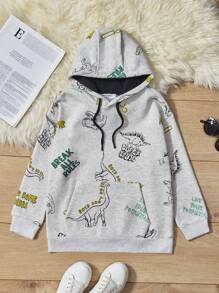 RueChic Cậu bé Tween Giải trí Dễ thương Đồ họa khủng long áo có mũ Tay áo dài Áo nỉ Với In Khẩu hiệu - Màu Xám nhạt - Xem 1