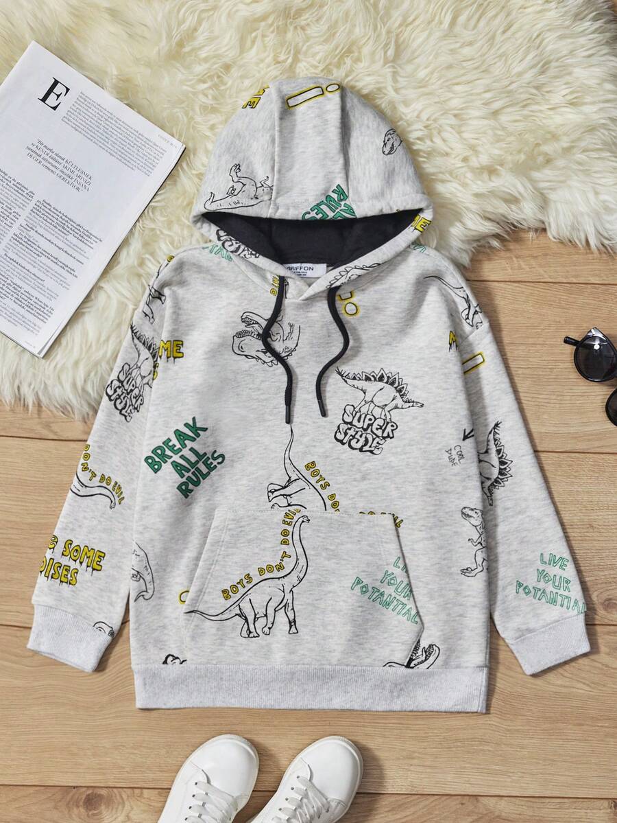 RueChic Cậu bé Tween Giải trí Dễ thương Đồ họa khủng long áo có mũ Tay áo dài Áo nỉ Với In Khẩu hiệu - Màu Xám nhạt - Xem 1