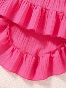 SHEIN Young Girl Cold Shoulder Frill Trim Top & Ruffle Hem Skirt - Hot Pink - View 3
