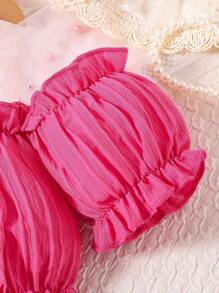 SHEIN Young Girl Cold Shoulder Frill Trim Top & Ruffle Hem Skirt - Hot Pink - View 4