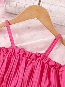 SHEIN Young Girl Cold Shoulder Frill Trim Top & Ruffle Hem Skirt - Hot Pink - View 5