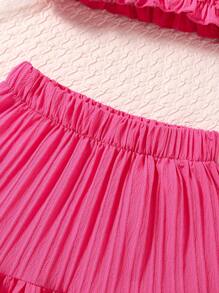 SHEIN Young Girl Cold Shoulder Frill Trim Top & Ruffle Hem Skirt - Hot Pink - View 6