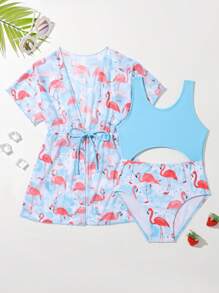 Young Girl Flamingo Print Cut Out One Piece Swimsuit With Kimono