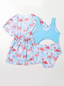 Young Girl Flamingo Print Cut Out One Piece Swimsuit With Kimono
