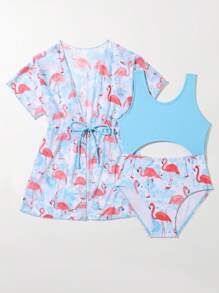 Young Girl Flamingo Print Cut Out One Piece Swimsuit With Kimono