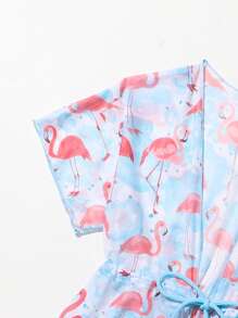 Young Girl Flamingo Print Cut Out One Piece Swimsuit With Kimono
