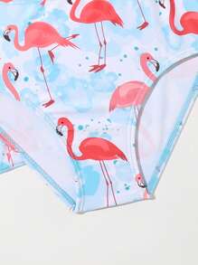 Young Girl Flamingo Print Cut Out One Piece Swimsuit With Kimono