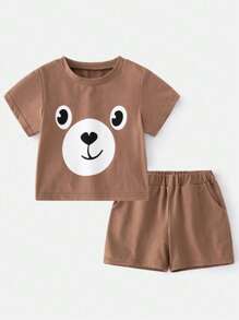 Young Boy Cartoon Graphic Tee & Shorts - Coffee Brown - View 1