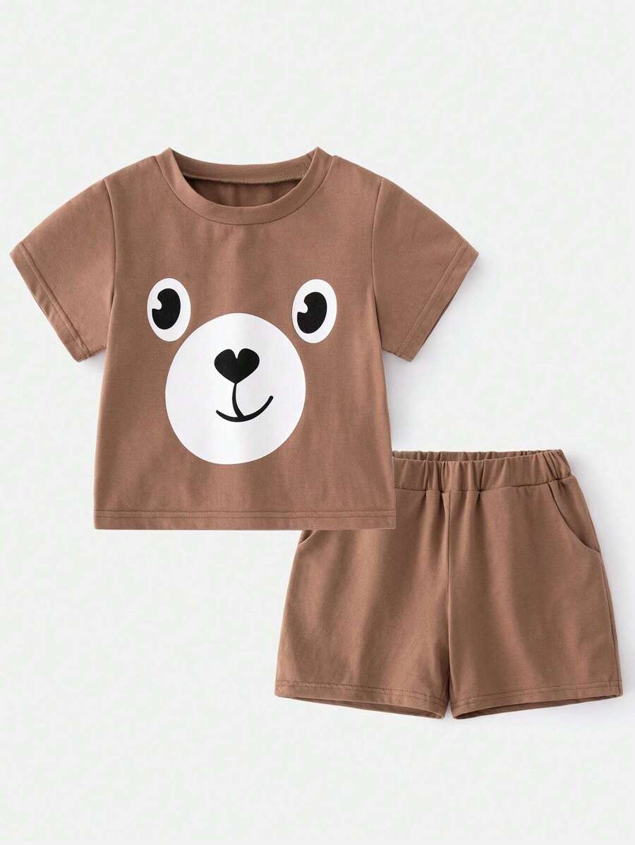 Young Boy Cartoon Graphic Tee & Shorts - Coffee Brown - View 1