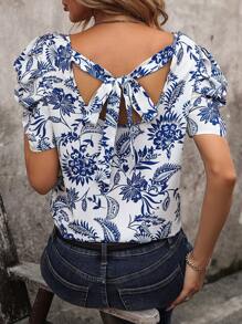 Breezaya In hoa Buộc lại Ống tay áo Áo sơ mi - Xanh và trắng - Xem 1