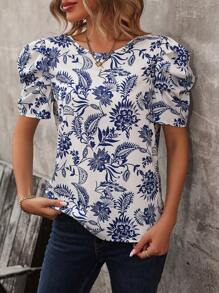 Breezaya In hoa Buộc lại Ống tay áo Áo sơ mi - Xanh và trắng - Xem 6
