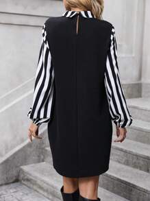 SHEIN Clasi Striped Print Mock Neck Lantern Sleeve Dress - Black and White - View 2