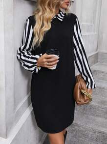 SHEIN Clasi Striped Print Mock Neck Lantern Sleeve Dress - Black and White - View 3