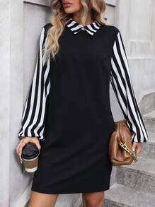 SHEIN Clasi Striped Print Mock Neck Lantern Sleeve Dress - Black and White - View 4