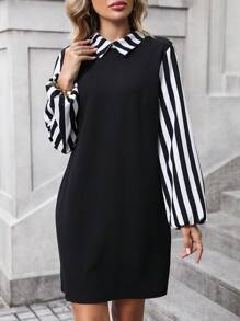 SHEIN Clasi Striped Print Mock Neck Lantern Sleeve Dress - Black and White - View 5