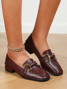 時尚女性金屬裝飾的方頭樂福鞋 - 酒紅色 - 查看 4