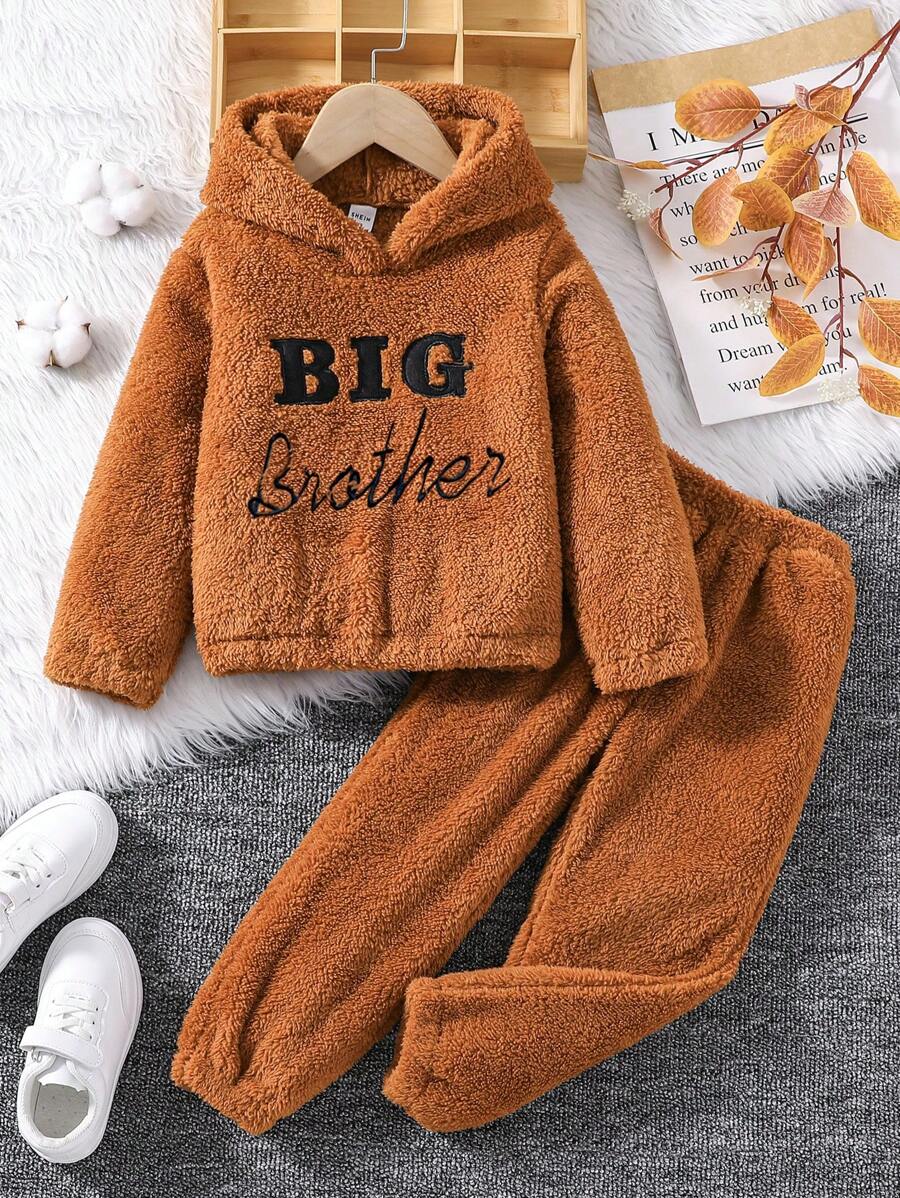 SHEIN Chàng trai trẻ Thêu Chữ Teddy Hoodie & Quần - màu nâu - Xem 1