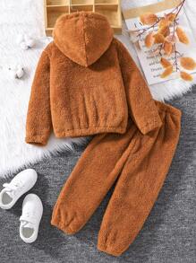 SHEIN Chàng trai trẻ Thêu Chữ Teddy Hoodie & Quần - màu nâu - Xem 2