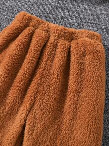 SHEIN Chàng trai trẻ Thêu Chữ Teddy Hoodie & Quần - màu nâu - Xem 7