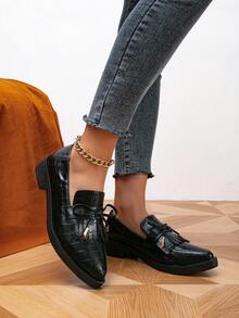 女士流蘇蝴蝶結厚底尖頭瑪莉珍鞋，帶粗跟，黑色 - 黑色 - 查看 2