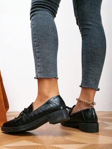 女士流蘇蝴蝶結厚底尖頭瑪莉珍鞋，帶粗跟，黑色 - 黑色 - 查看 4