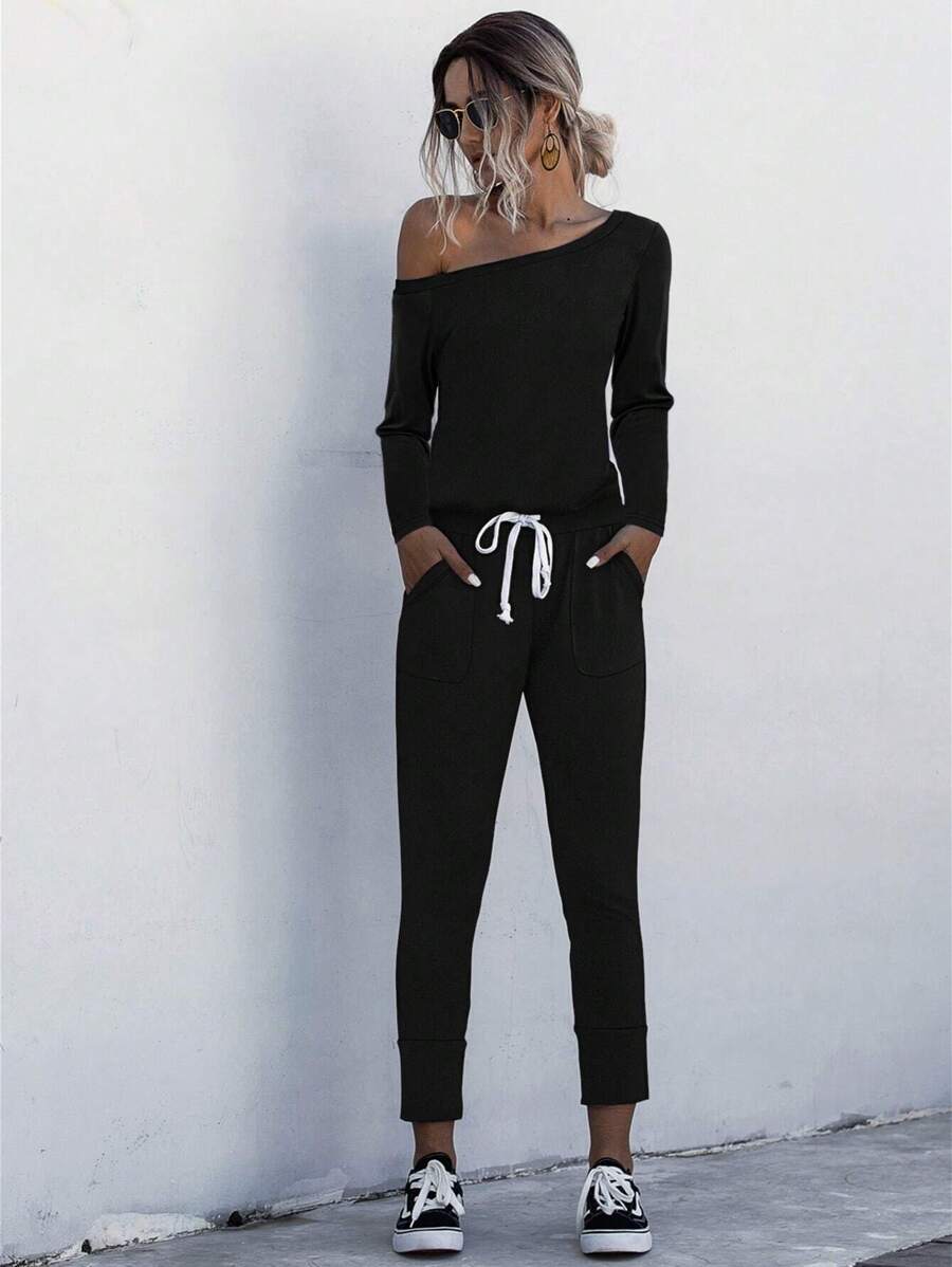 SHEIN LUNE Asymmetrical Neck Drawstring Waist Jumpsuit Fall Cloth For Women - Black - View 1