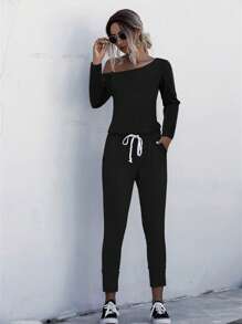 SHEIN LUNE Asymmetrical Neck Drawstring Waist Jumpsuit Fall Cloth For Women - Black - View 3