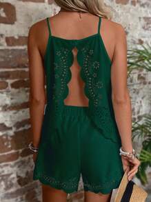 SHEIN VCAY Laser Cut Out Scallop Trim Cami Top & Shorts - Dark Green - View 1