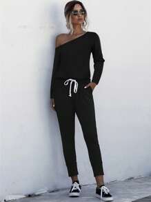 SHEIN LUNE Asymmetrical Neck Drawstring Waist Jumpsuit Fall Cloth For Women - Black - View 4