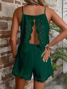 SHEIN VCAY Laser Cut Out Scallop Trim Cami Top & Shorts - Dark Green - View 2