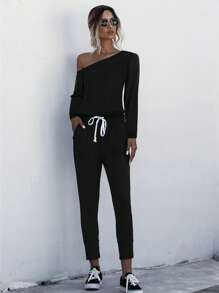 SHEIN LUNE Asymmetrical Neck Drawstring Waist Jumpsuit Fall Cloth For Women - Black - View 5
