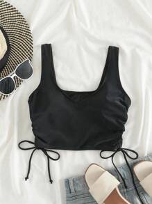 Swim Vcay 大碼側抽繩比基尼泳裝上衣 - 黑色 - 查看 1