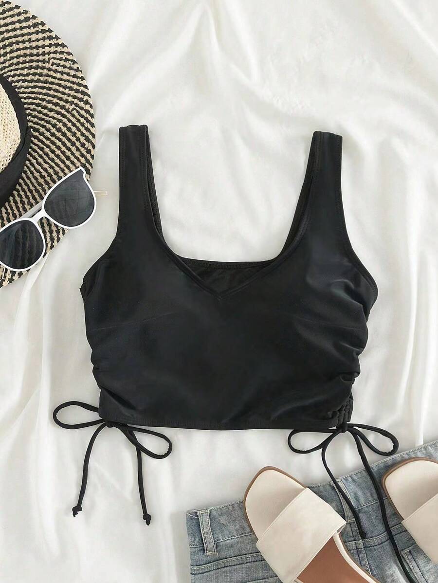 Swim Vcay 大碼側抽繩比基尼泳裝上衣 - 黑色 - 查看 1