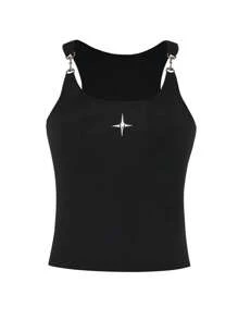 Rina Fox 星星印花链条细节背心 图案 T 恤 女式上衣 - 黑色 - 查看 1