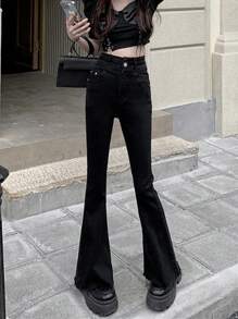 Women's High Waisted Fitted Elastic Flare Leg Jeans With Pockets - Black - View 1